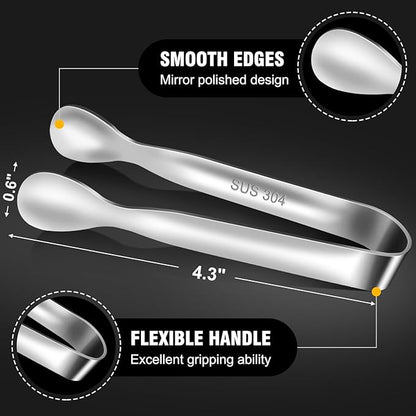 Mini Tongs For Serving Food，Set fo 12 Small Tongs For Appetizers，Small Stainless Steel Metal Cooking Tong，for Tea Party Coffee Bar, 4 inch Sugar Tong - Silver