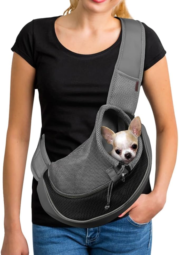 YUDODO Pet Sling Carrier for Small Dogs &amp; Cats – Hands-Free Puppy Carrier with Safety Hook, Large Zipper Pocket, Soft Breathable Mesh, Adjustable Strap &amp; Reflective Strip (Black 1.0 L)