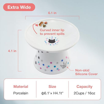 Necoichi Raised Cat Food Bowl – Ceramic Elevated Cat Bowl for Whisker &amp; Neck Fatigue, Dishwasher Microwave Safe – Non-Slip &amp; Anti Vomiting Ergonomic Design (Colorful Dots, Extra Wide)