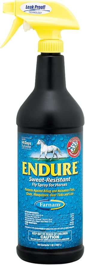 Farnam Endure Sweat-Resistant Fly Spray for Horses, Lasts Up to 14 Days, Protects Against Flies, Gnats, Mosquitoes, Ticks &amp; Lice, 32 oz.