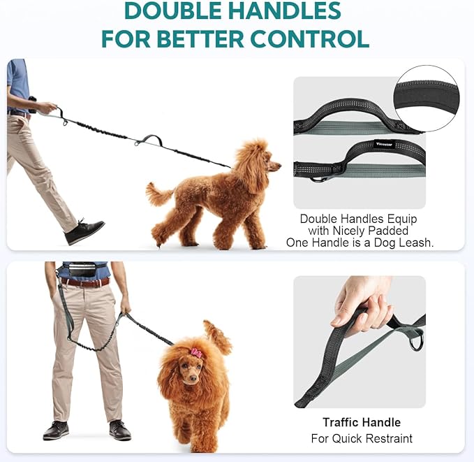 Hands Free Dog Leash with Pouch, Retractable Bungee, Double Padded Handles for Walking, Waist Leash for Medium &amp; Large Dogs, Walking Accessories