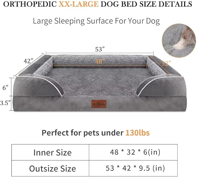 Comfort Expression Orthopedic Memory Foam Dog Beds for Giant Dogs, XXL Dogs Beds Washable, Waterproof Dog Beds with Bolster &amp; Removable Cover(XX-Large,Silver Grey)