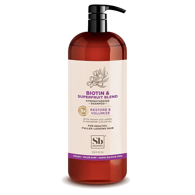Soapbox Biotin Shampoo, Biotin &amp; Collagen Super Fruit Shampoo for Thin, Fine, Thinning Hair | Volumizing &amp; Repairing to Promote Hair Growth, Strength, Fullness, 1 Liter Pump Bottle