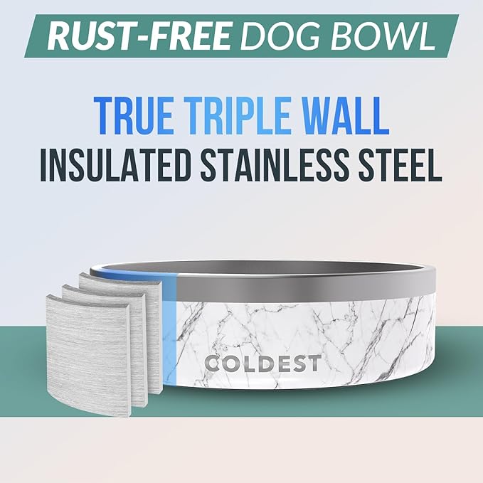 Coldest Dog Bowl - Anti Rust Metal &amp; Non Slip Dog Bowls Large, Spill Proof Heavy Duty 3 Layers Insulated Dog Bowl - Food and Water Bowl for Dogs, Cats &amp; Pets, Dishwasher Safe (42 oz, Carrara Marble)