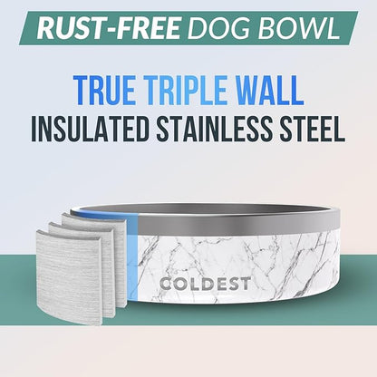 Coldest Dog Bowl - Anti Rust Metal &amp; Non Slip Dog Bowls Large, Spill Proof Heavy Duty 3 Layers Insulated Dog Bowl - Food and Water Bowl for Dogs, Cats &amp; Pets, Dishwasher Safe (42 oz, Carrara Marble)