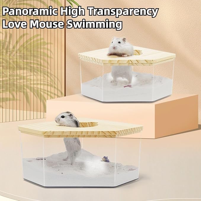 Hamster Sand Bath Box Container, Small Pet Sandbox Lid Design Take Bath Wooden Sandbox Dust Bath, Transparent Bathroom &amp; Digging Box Acrylic Syrian Hamster Litter Box Small Animal Accessories (A)
