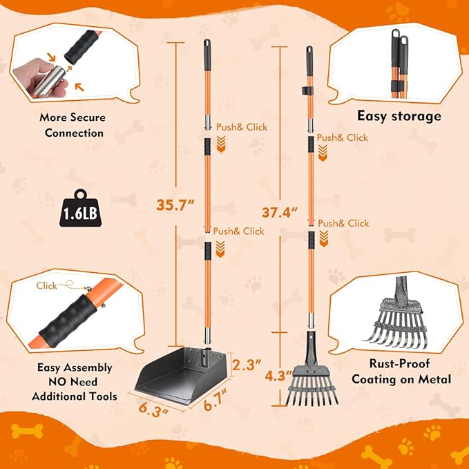 28" Pooper Scooper and 38" Heavy Duty Stainless Steel Rake &amp; Tray Set, 3 in 1 Portable Dog Pooper Scooper Set for Large Medium Small Dogs in Grass, Dirt or Gravel