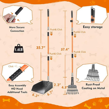28" Pooper Scooper and 38" Heavy Duty Stainless Steel Rake &amp; Tray Set, 3 in 1 Portable Dog Pooper Scooper Set for Large Medium Small Dogs in Grass, Dirt or Gravel