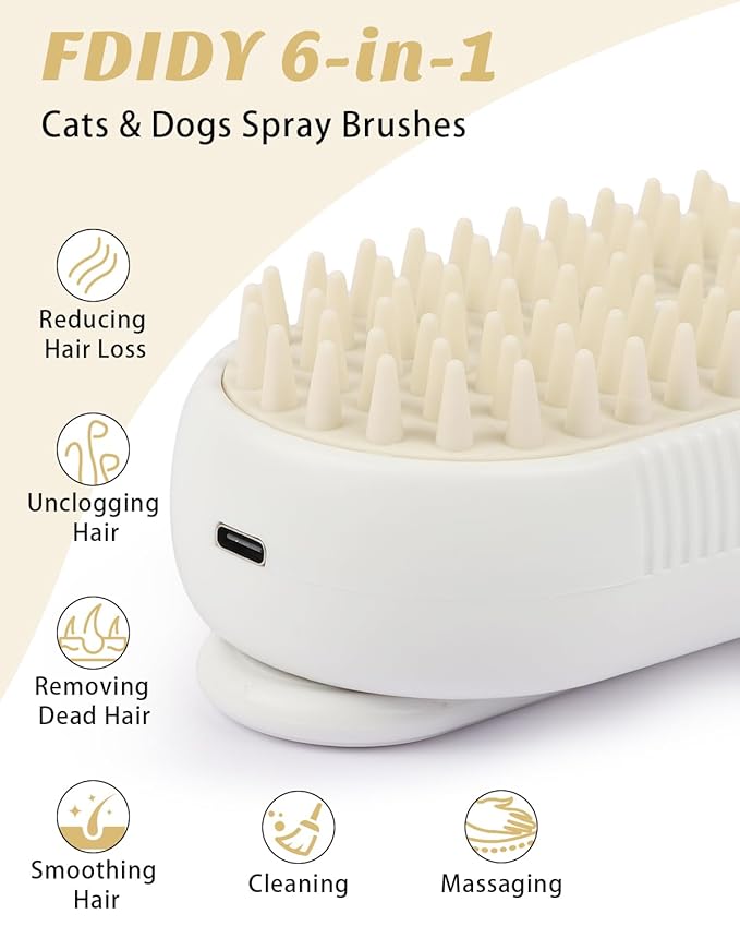 6 in 1 Cat Steam Brush for Shedding, Portable Anti-Static Grooming Comb for Cats &amp; Dogs, Steam Misting Water Brush, Self-Cleaning Pet Hair Remover, Indoor Cat Spray Brushes for Cats &amp; Dogs