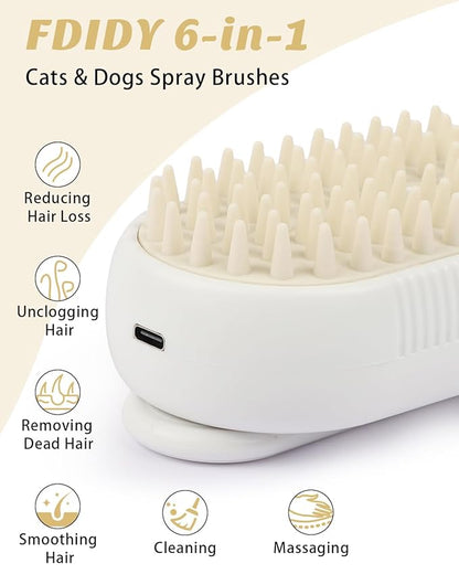 6 in 1 Cat Steam Brush for Shedding, Portable Anti-Static Grooming Comb for Cats &amp; Dogs, Steam Misting Water Brush, Self-Cleaning Pet Hair Remover, Indoor Cat Spray Brushes for Cats &amp; Dogs