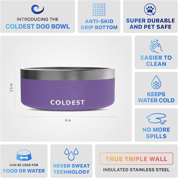Coldest Dog Bowl - Anti Rust Metal, Non Slip, 3 Layers Insulated Stainless Steel Dog Bowls - Spill Proof &amp; Heavy Duty - Water Bowl for Dogs, Cats &amp; Pets, Dish Washer Safe (64 oz, Galaxy Purple)