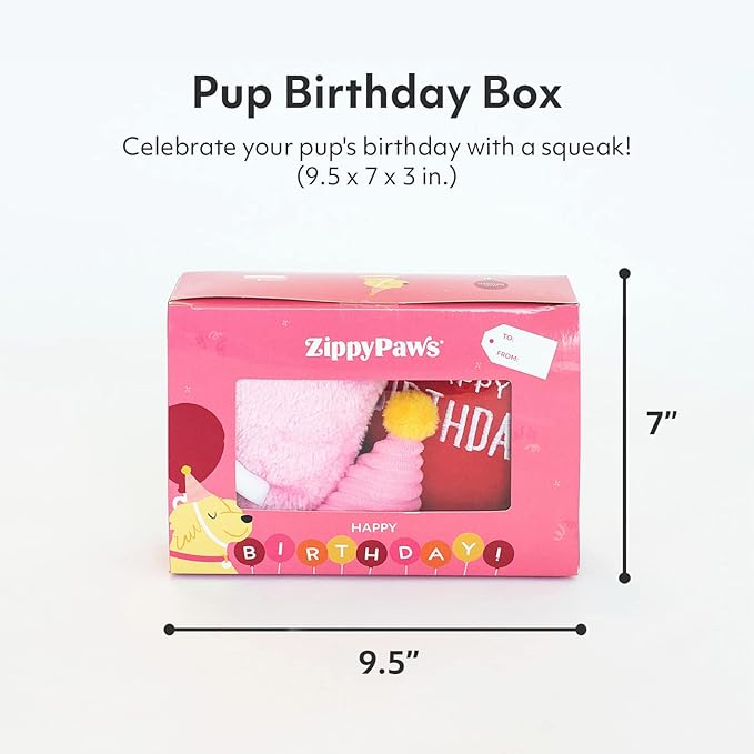 ZippyPaws Birthday Box - Dog Squeaky Toys to Keep Them Busy, Funny Food Plush for Small, Medium, &amp; Large Dogs, Cute Stuffed Puppy Toy &amp; Hat, Pet Products, Gift for Dogs of All Breeds - 3-Pack, Pink