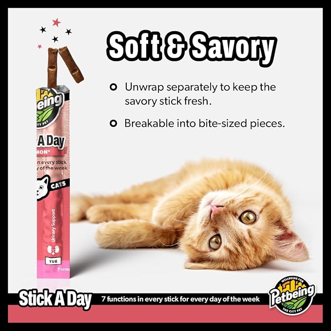 Stick a Day | Specially Formulated 7-in-1 Functions Daily Real Meat Supplement for Cats | Cat Chew Stick &amp; Pet Vitamins Supplements Combination (7-Pack x 4, Salmon)