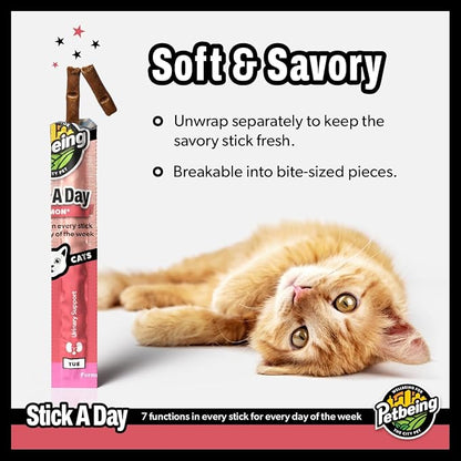 Stick a Day | Specially Formulated 7-in-1 Functions Daily Real Meat Supplement for Cats | Cat Chew Stick &amp; Pet Vitamins Supplements Combination (7-Pack x 4, Salmon)