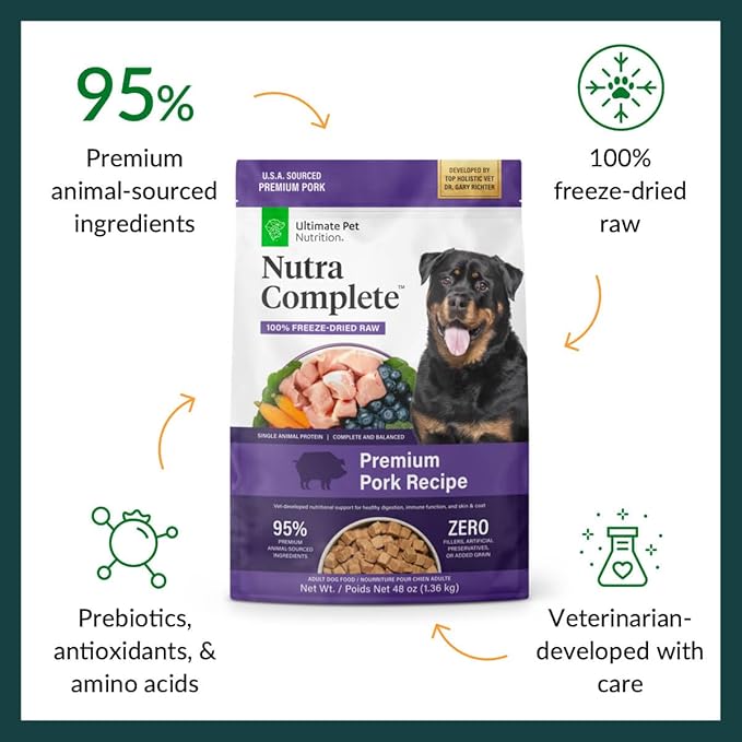 ULTIMATE PET NUTRITION Nutra Complete Freeze Dried Raw Dog Food, Veterinarian Formulated with Antioxidants, Prebiotics &amp; Amino Acids (3 Pound, Pork)