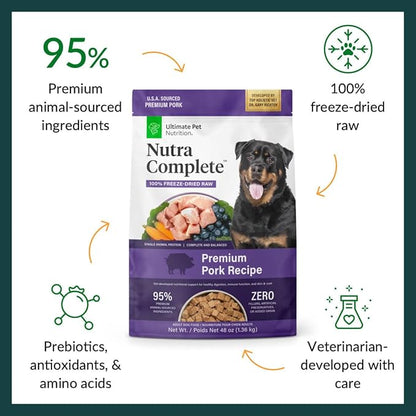 ULTIMATE PET NUTRITION Nutra Complete Freeze Dried Raw Dog Food, Veterinarian Formulated with Antioxidants, Prebiotics &amp; Amino Acids (3 Pound, Pork)