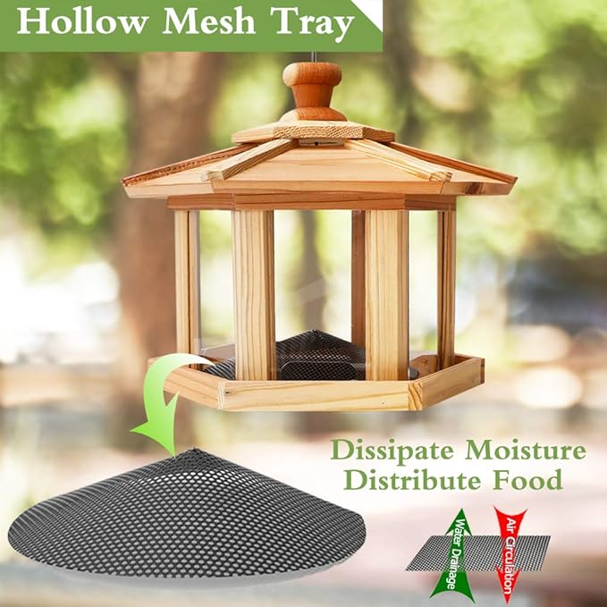 Solution4Patio Bird Feeder for Outdoors - USA Cedar Hexagon Gazebo Bird Feeders with Vented Mesh Tray, Easy-Clean &amp; Fill Design 9.6" Dia. X 8.7" H 3.2-lb Capacity