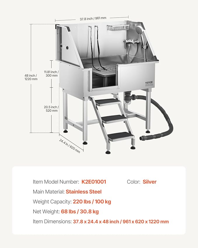 VEVOR Stainless Steel Dog Washing Station, 38 inch Pet Grooming Tub w/Storage Stairs, Faucet &amp; Showerhead &amp; Soap Holder Dog Bathtub for Medium &amp; Small Pets (Left Door)