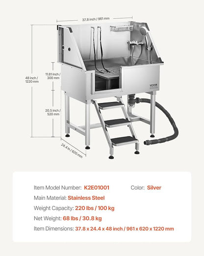 VEVOR Stainless Steel Dog Washing Station, 38 inch Pet Grooming Tub w/Storage Stairs, Faucet &amp; Showerhead &amp; Soap Holder Dog Bathtub for Medium &amp; Small Pets (Left Door)