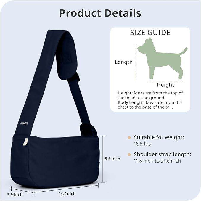 Dog Sling Carrier for Small Dogs and Cats, Lightweight Collapsible Pet Travel Bag with Adjustable Strap, Side Pockets &amp; Breathable Mesh (Navy Blue, 15.7" L x 5.9" W x 8.6" H)