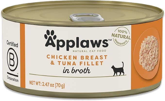 Applaws Natural Wet Cat Food in Broth, Limited Ingredient Canned Wet Cat Food, No Additives, Made with Natural Ingredients, Chicken Breast &amp; Tuna Fillet in Broth (24 x 2.47oz Cans)