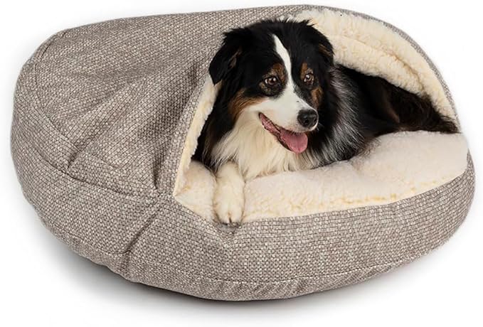 Snoozer Luxury Cozy Cave Dog Bed - Indoor Dog Bed with Cover Cave, Covered Calming Burrow for Small &amp; Medium Sized Pets with Blanket Attached, Enclosed, Washable - Large, Merlin Linen
