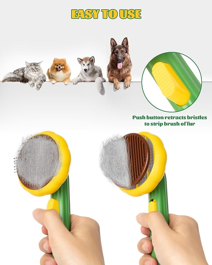 Self-Cleaning Dog &amp; Cat Slicker Brush, Skin Friendly Deshedding Grooming Tool for Long or Short Haired Dogs Cats Rabbits, Dog Shedding Brush with Release Button-Sunflower