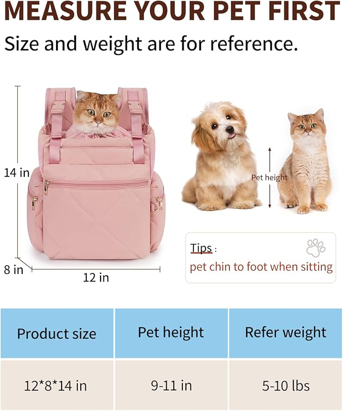 OFY Cat Carrier Puffy Backpack Breathable Small Dog Front Backpack Large Space for Small Dogs, Drawstring &amp; Water-Resisant Pet Bag for Travel Hiking, Lotus Pink Patent Pending