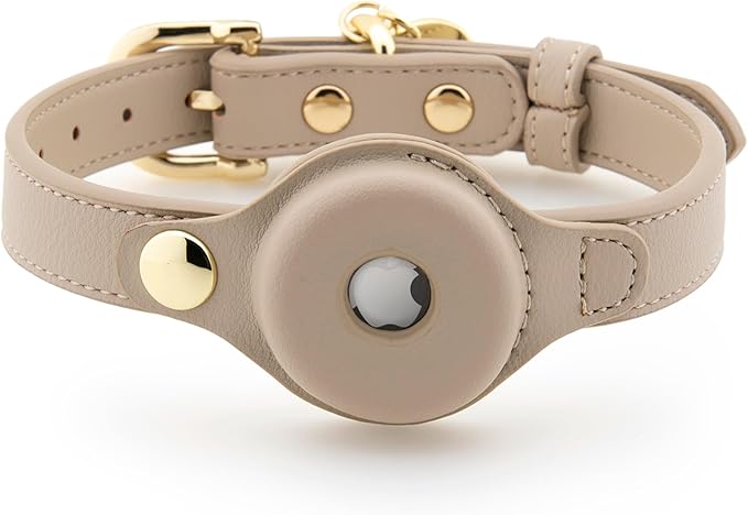 Cupertino Dog Collars, Harnesses &amp; Leashes Made from Vegan Leather with Dog Tracker Device Holder Adjustable Dog Collar (Medium, Beige)