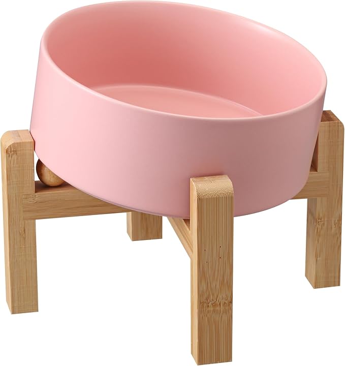 Pink Elevated/Raised 15°Tilted Anti Slip Ceramic Dog Bowl for Medium &amp; Large Breeds,Slanted Bulldog Big Face Pet Food Water Feeding Dish with Stand (7.6 Cups/60OZ)