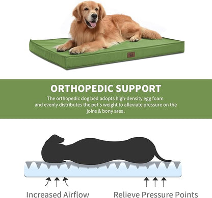 Outdoor Extra Large Dog Crate Bed, Big Waterproof Dog Bed for Large Dogs, Orthopedic Egg Foam Pet Bed Mat with Removable Cooling Cover, Light Green