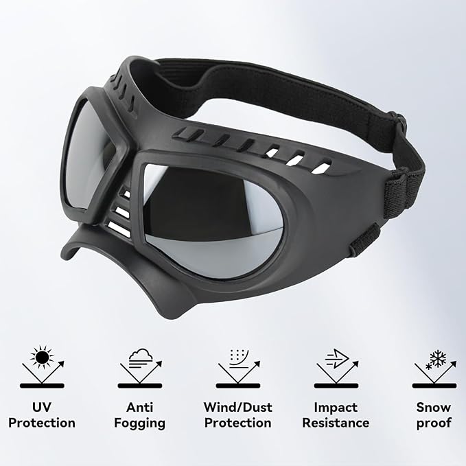 Small Dog Goggles Windproof for Small-Medium Breeds Dog Sunglasses Anti-UV with Adjustable Straps - Silver
