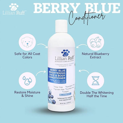 Lillian Ruff PRO Formula Berry Blue Brilliance Bundle - Ultimate Tear Stain &amp; Odor Eliminator Set, Includes Berry Blue Shampoo, Conditioner &amp; Waterless Shampoo, Hydrate, Soften &amp; Detangle, USA Made