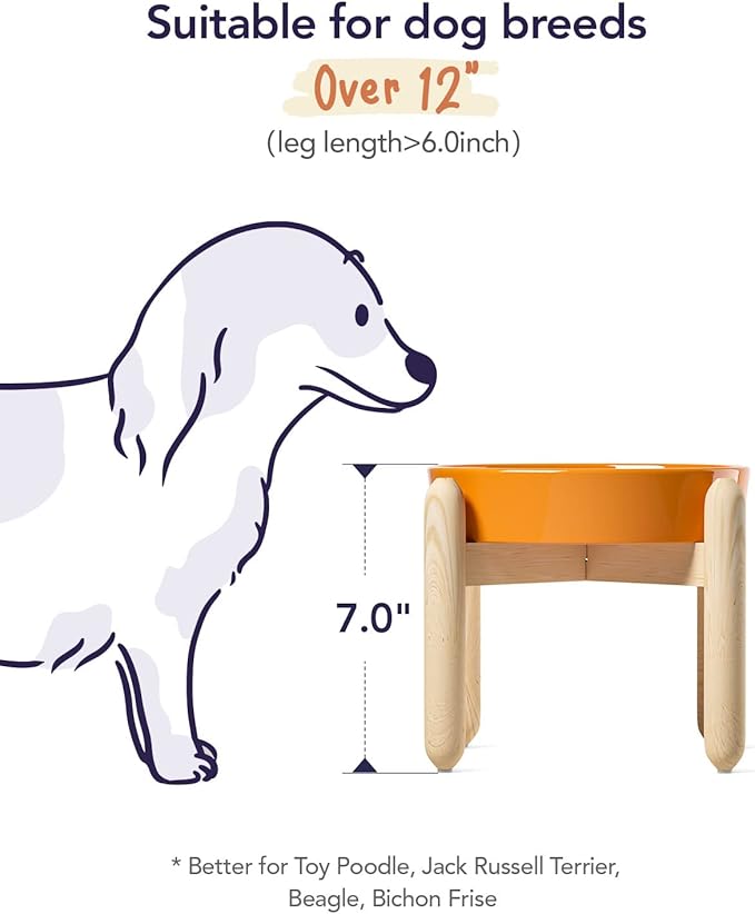LE TAUCI Ceramic Slow Feeder Puzzle Bowl Elevated 1.5 Cup with Wooden Stand for Small &amp; Medium Dog, Fast Eater Food Bowl Sun Orange