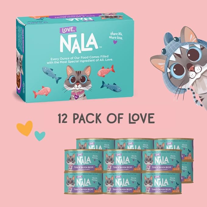 LOVE, NALA - Natural Adult Cat Wet Food - FLAKED Tuna and Salmon in Broth- Grain Free, Non-GMO, Lean Protein, Omega 3, Added Minerals &amp; Vitamins - 12 Pack 2.4 lbs.