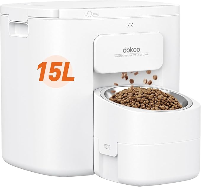 Automatic Dog Feeder for Large Breed, 15L/ 63Cups Vacuum-Sealed Storage &amp; Timed Auto Dog Food Dispenser 2in1, Airtight 100% Freshness, Anti-Blockage, Support up to 22mm Pet Food, Stainless Steel Bowl