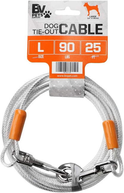 BV Dog Tie Out Cable 25 Feet - Heavy Duty Dog Lead up to 90 Pounds - Reflective &amp; Rust-Free with Quick Release Swivel Clips &amp; 360° Rotating Clasp - Tangle-Free Dogs Runner for Yard (Silver, Single)