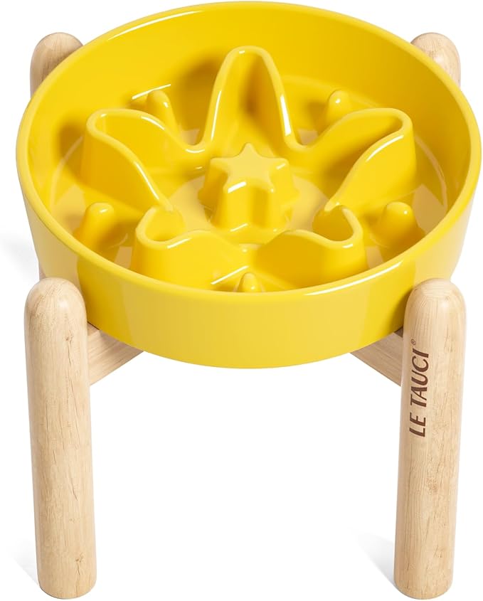 LE TAUCI Ceramic Slow Feeder Puzzle Bowl Elevated 1.5 Cup with Wooden Stand for Small &amp; Medium Dog, Fast Eater Food Bowl, Star Yellow