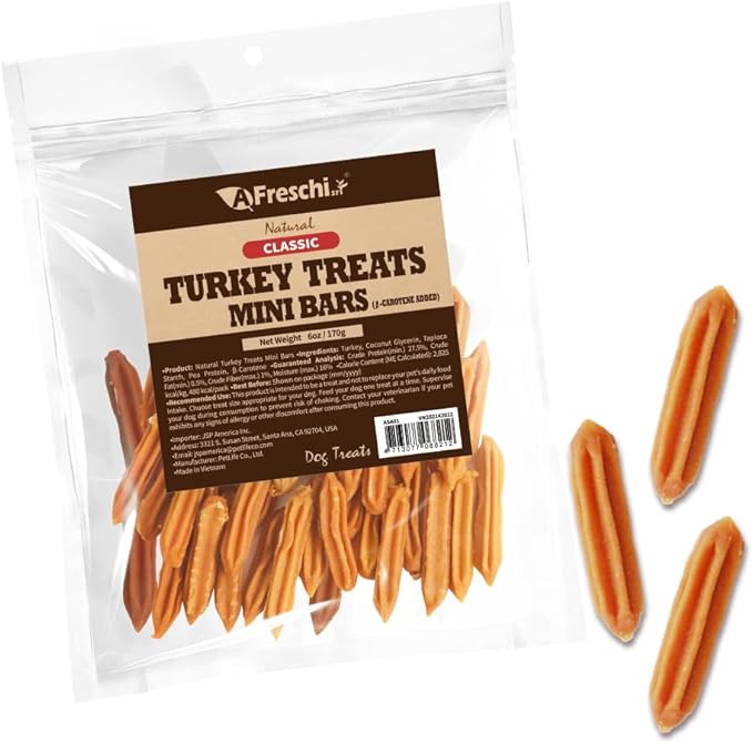 Afreschi Natural Turkey Treats Mini Bars – 6 oz, USA-Sourced Trukey, All-Natural, Hypoallergenic, Low-Fat, Healthy &amp; Easily Digestible, Puppy &amp; Training Snack