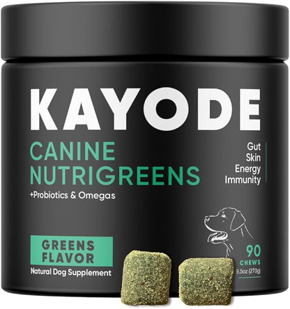 Canine NutriGreens - Natural Dog Vitamins &amp; Probiotics for Dogs. No Messy Powder. Includes Spirulina, Kelp &amp; Antioxidant Berry Mix. 6-in-1 Dog Supplements &amp; Vitamins Chews. Super Greens for Dogs.