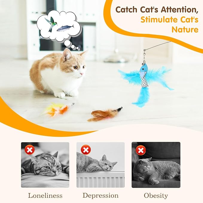 Pawaboo Cat Feather Toys, Interactive Cat Wand Toy with 2-Slot Super Suction Cup, Detachable 2 PCS Spring Cat Wand &amp; 7 PCS Cat Teaser Replacement with Bells, Funny Kitty Toys for Indoor Kittens Play