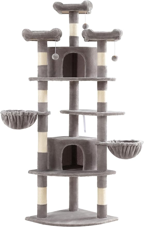 SHA CERLIN 73" Space-Saving Cat Tree/Multi-Level Tall Cat Tower with Perches/Scratching Posts/Condo &amp; Hanging Baskets/Modern Fan-Shaped Design for Indoor Kitties/Pet Activity House/Grey