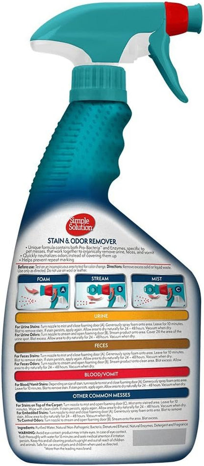 Simple Solution Stain and Odor Eliminator Spray for Dogs &amp; Cats, Enzyme Cleaner With 2X Pro-Bacteria Cleaning Power, Strong Smell Remover for Carpets, Upholstery &amp; Floors, Floral Fresh Scent, 32 oz