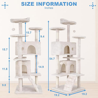 FDW Cat Tree 54in Cat Tower Multi-Level Durable Cat Scratching Post &amp; Cozy Fun Cat Jumping Platform Space Saving Cat Condo Pet Play House for Indoor Cats,Beige
