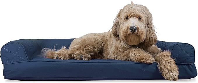 Furhaven Cooling Gel Dog Bed for Large/Medium Dogs w/ Removable Bolsters &amp; Washable Cover, For Dogs Up to 55 lbs - Quilted Sofa - Navy (Blue), Large