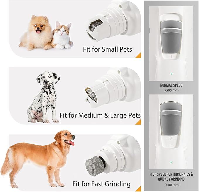 Pet Nail Grinder with LED Light &amp; 2 Grinding Heads, 2-Speed Low Noise &amp; More Powerful Dog Nail Grinder, Pet Nail Trimmer File, Painless Paw Claw Care, Quiet Toenail Grooming Tool for L/M/S Dogs/Cats