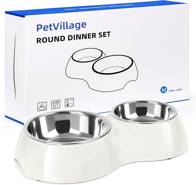 Double Dog Bowls Set – Non-Slip Pet Food &amp; Water Dishes with Resin Stand, Includes Small (1 Cup) &amp; Medium (2 Cups) Bowls – Ideal for Puppies, Cats, and Medium Dogs – White