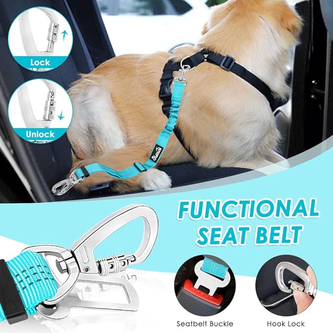 Lukovee Dog Seat Belt for Car, Adjustable Dog Car Harness for Large Medium Small Dogs, Soft Padded &amp; Breathable Mesh Dog Seatbelt with Car Strap and Carabiner(Light Blue Double Clip,X-Small)