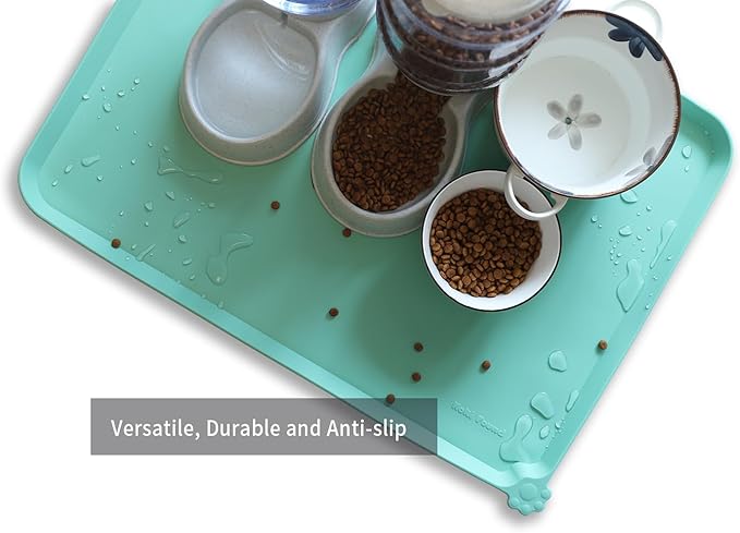 Hoki Found X-Large Silicone Non Slip Pet Food Mats - Silicone Pet Proof Bowls - Waterproof &amp; Easy to Clean - For Dogs &amp; Cats - Cool Mint