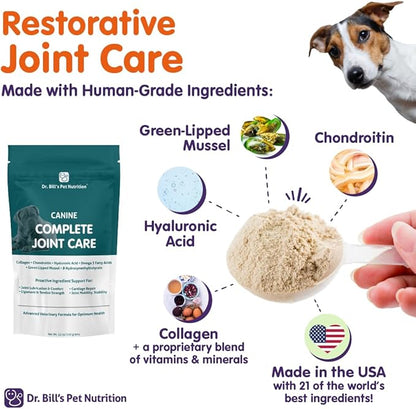 Dr. Bill’s Canine Complete Joint Care – Hip &amp; Joint Supplement for Dogs for Mobility, Muscle Support &amp; Inflammation Relief – Green Lipped Mussel, Chondroitin, Collagen, Omega-3 – Powder, 340g